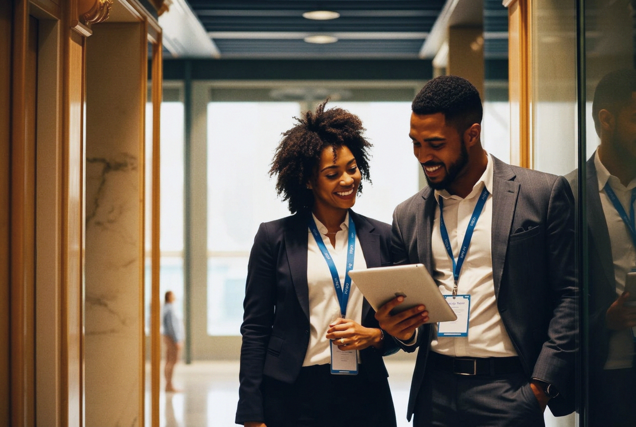 Two colleagues collaborating over a tablet in a bright office hallway