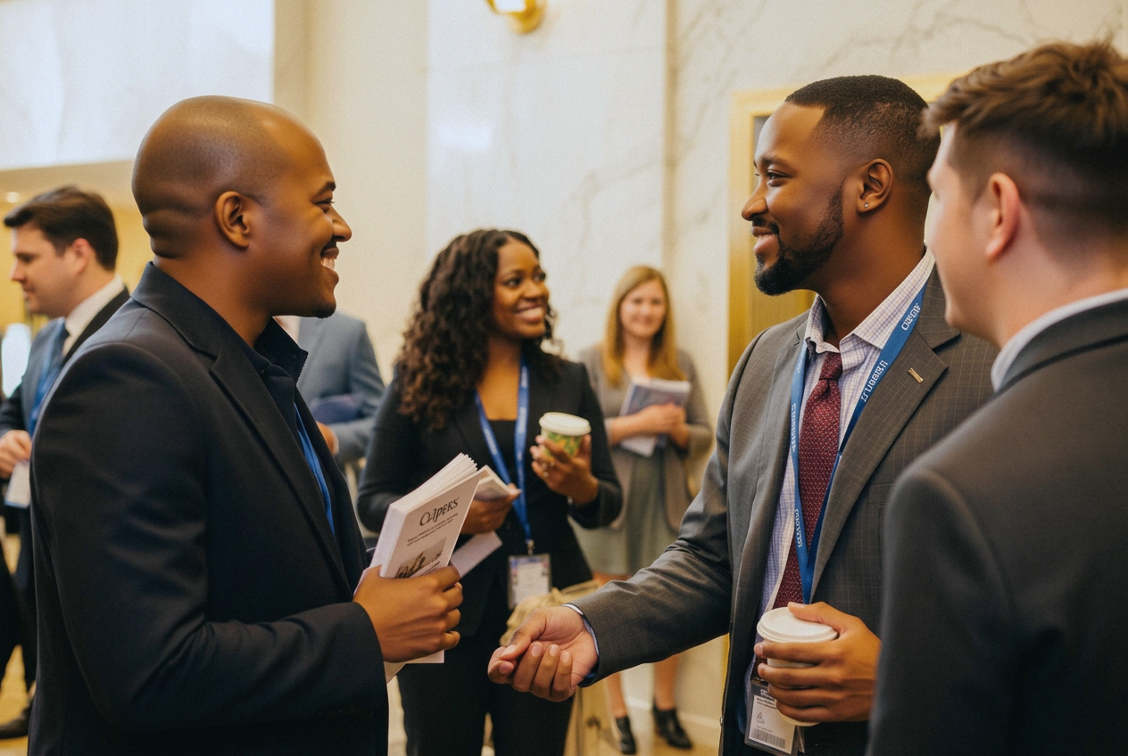 Two professionals networking and shaking hands at a corporate mixer in the office lobby