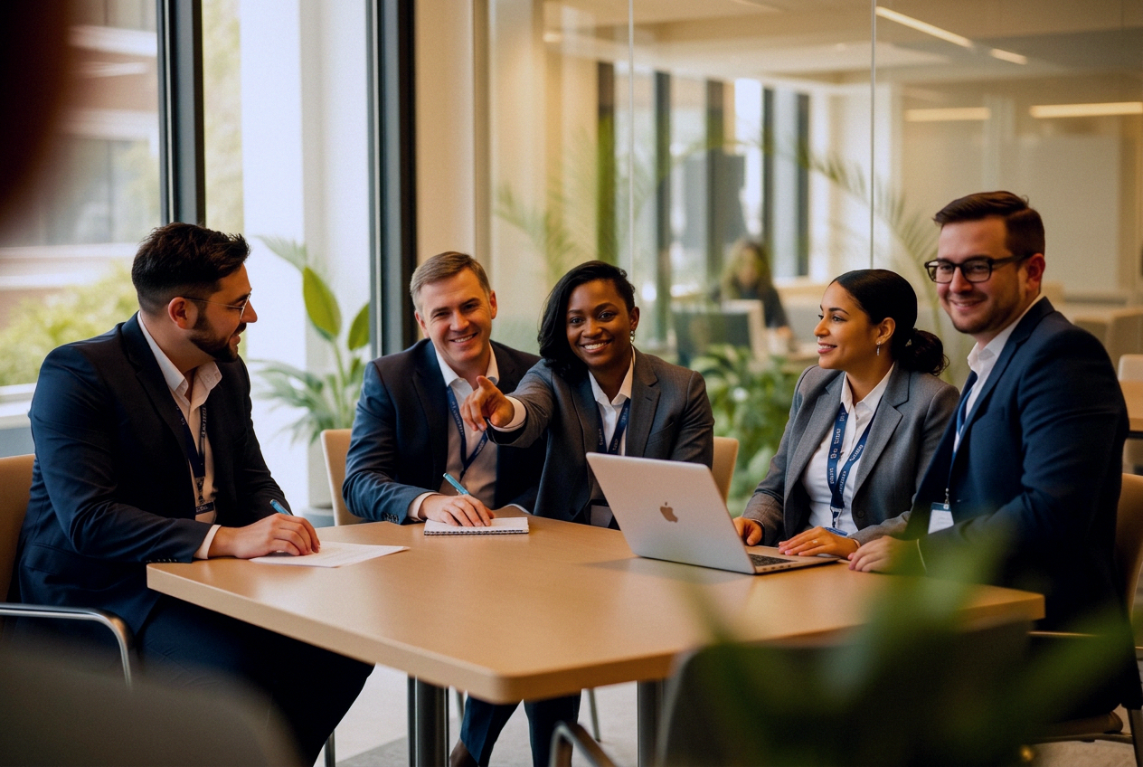 A small conference meeting with teammates reviewing a laptop in the New York office