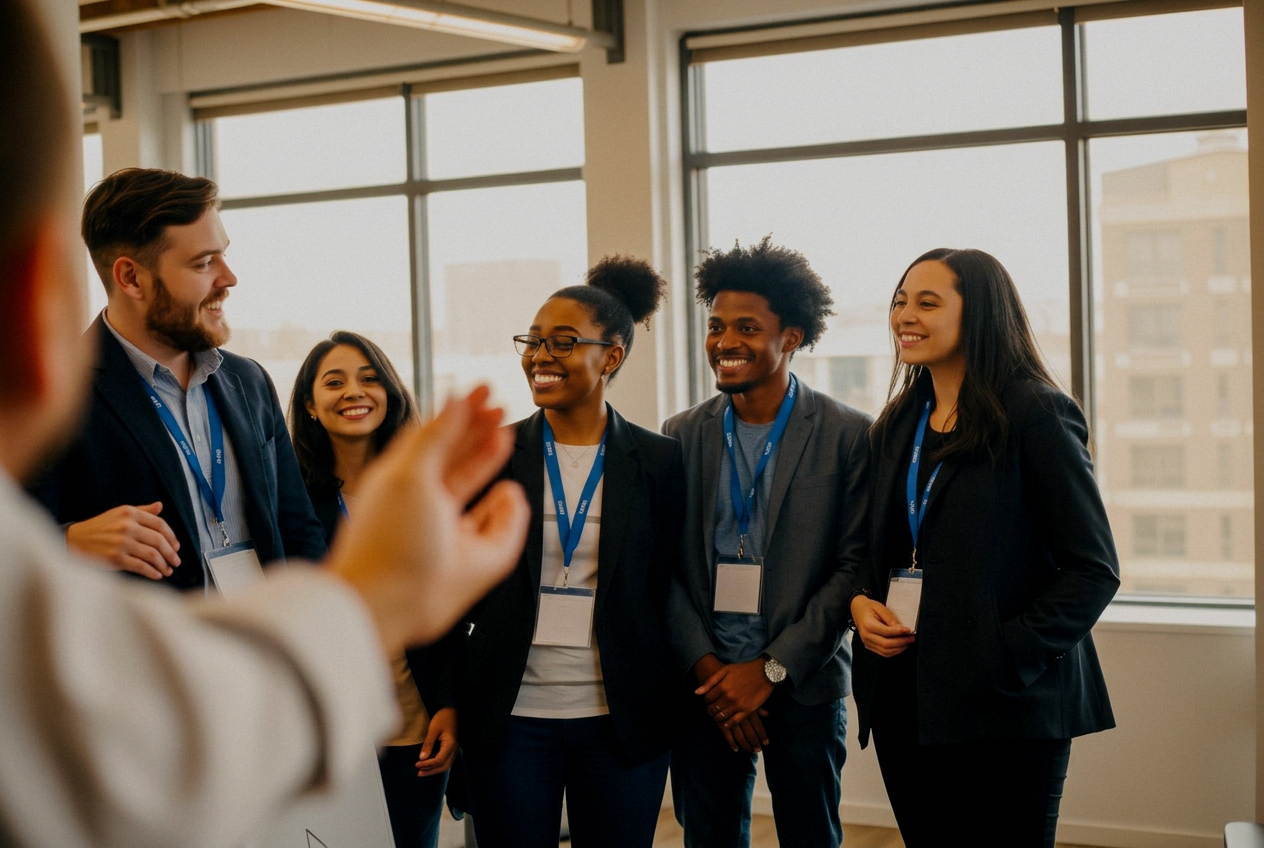A team huddle around a whiteboard in the open-plan New York office