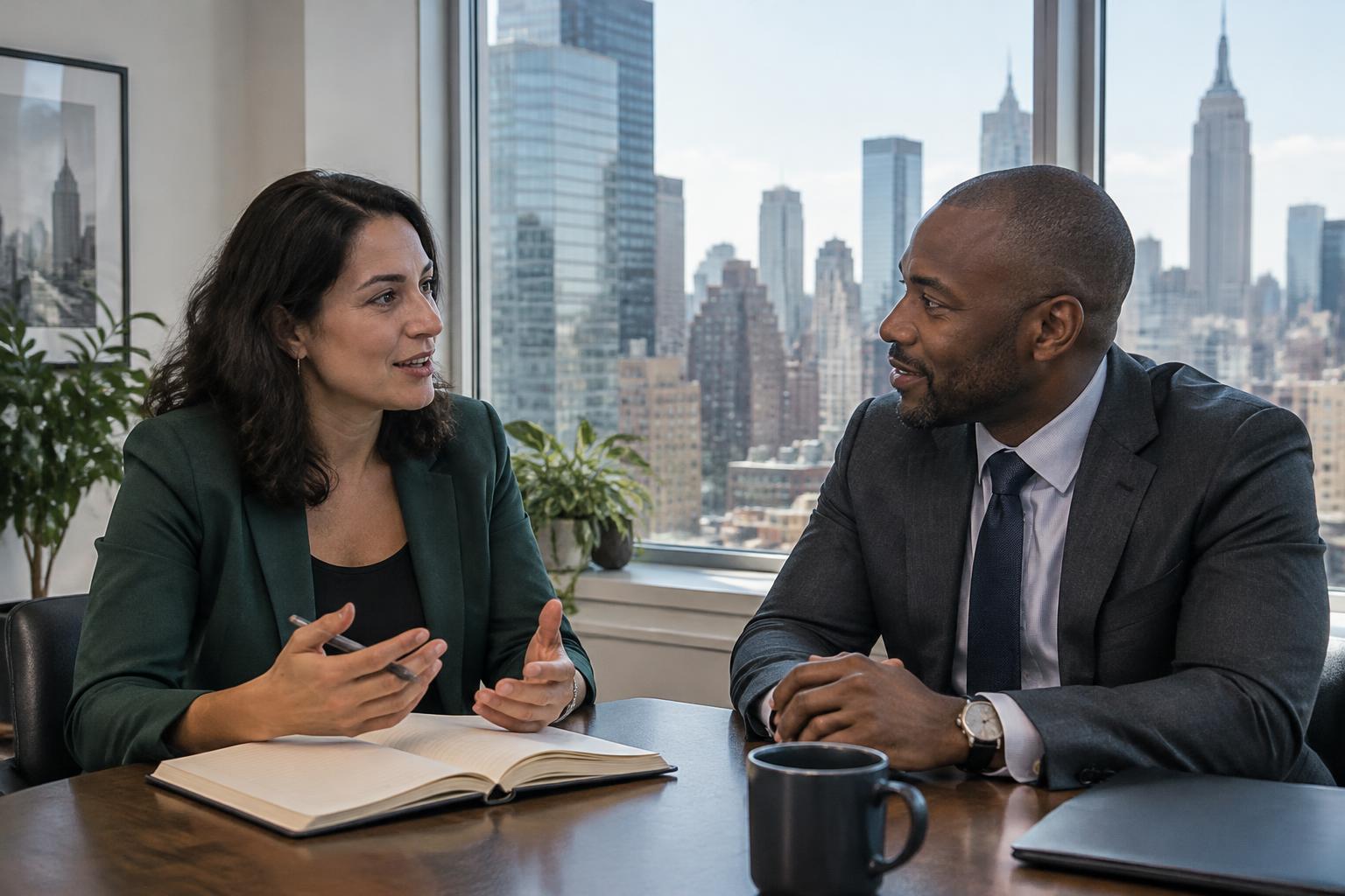 Illustrative scene of two professionals discussing career goals by a New York office window