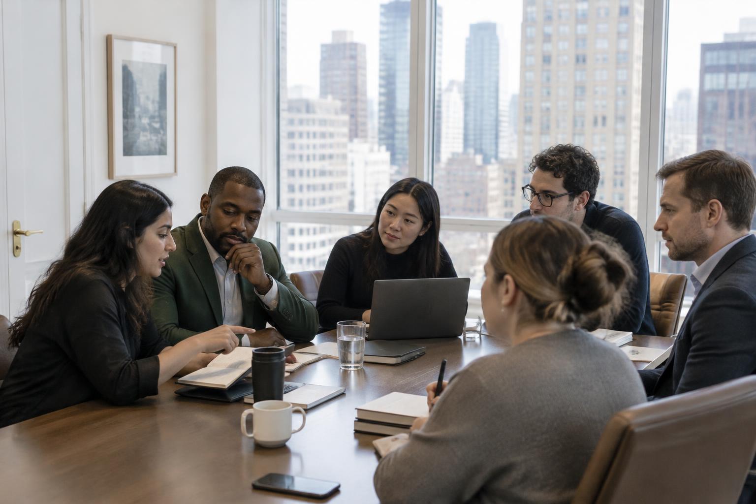 Illustrative scene of six professionals collaborating on a hiring plan beside sunny office windows