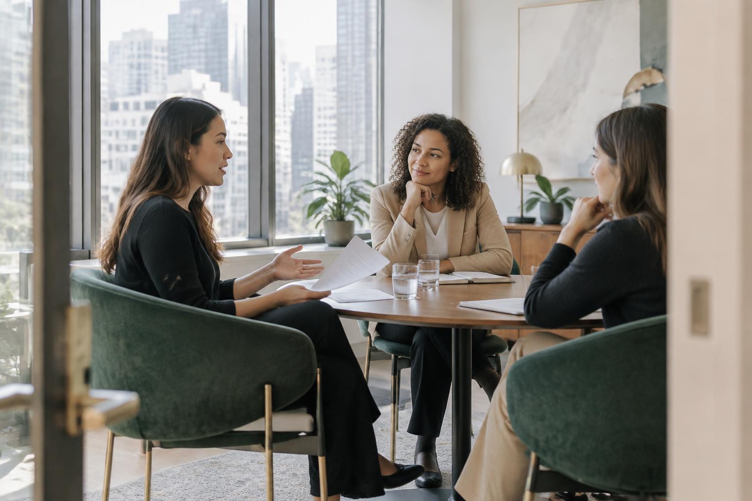 Illustrative scene of candidates practicing an interview with a coach, seen through an office doorway