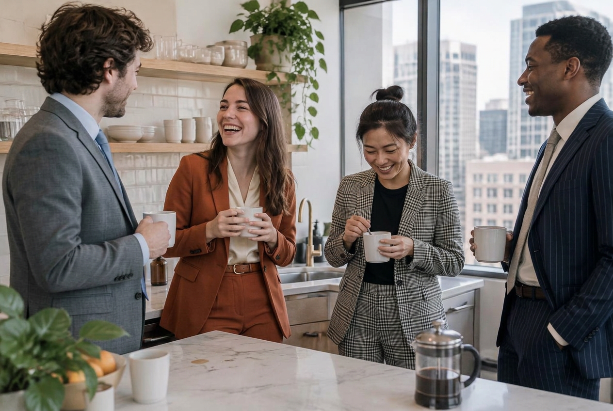 Illustrative scene of colleagues sharing a candid conversation during a bright office coffee break