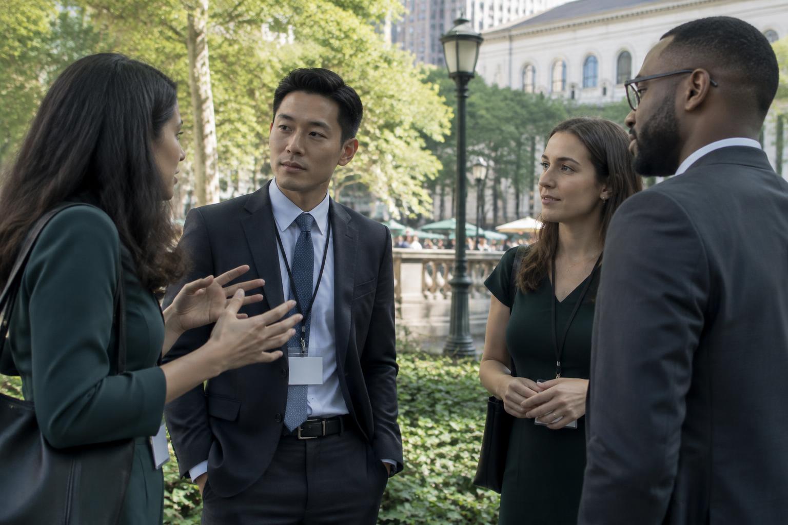 Illustrative scene of four professionally dressed people with badges networking outdoors in Bryant Park