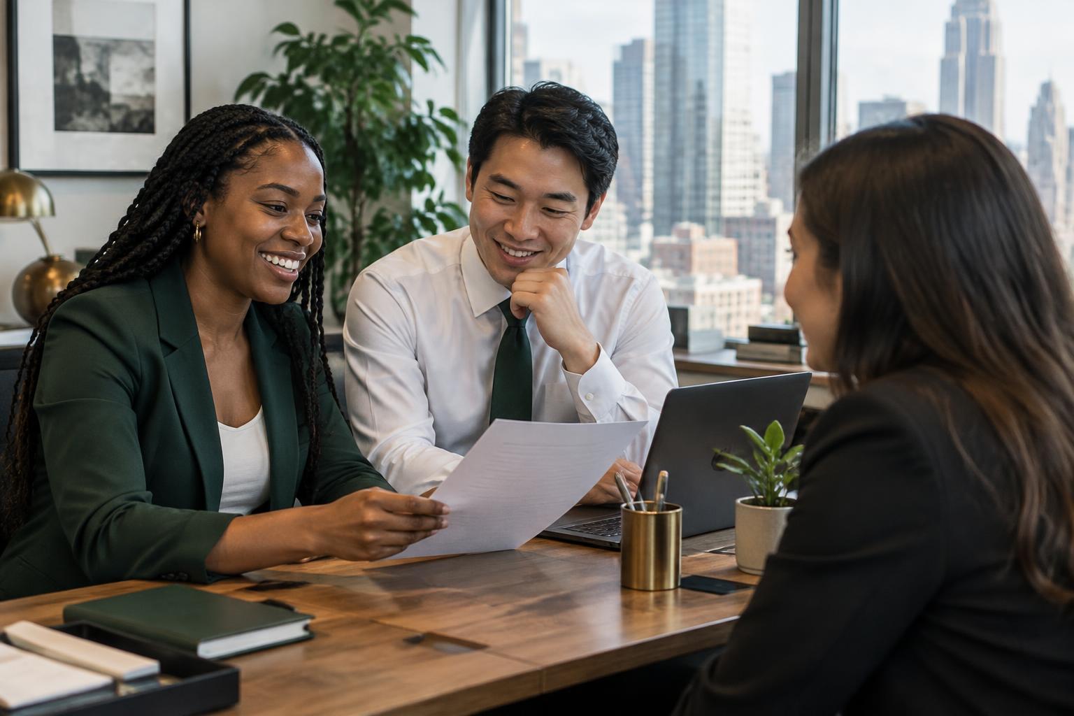 Illustrative scene of recruiters discussing a résumé with a candidate in a naturally lit New York office
